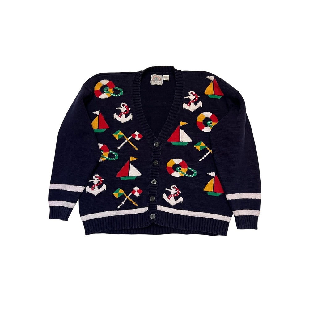 Cape Isle Knitters Vintage Nautical Sailboat 100% Cotton Cardigan Sweater XL